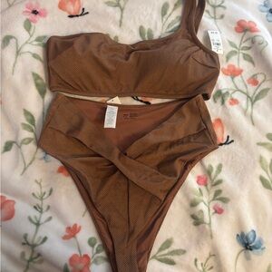 Aerie Textured Brown One Shoulder Bikini